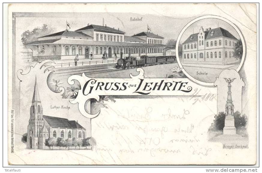 Lehrte Schwarz Weiß Litho Bahnpost 1.2.1900 Gelaufen Bahnhof Mit Dampflok Schule Krieger Denkmal Luther Kirche - Lehrte