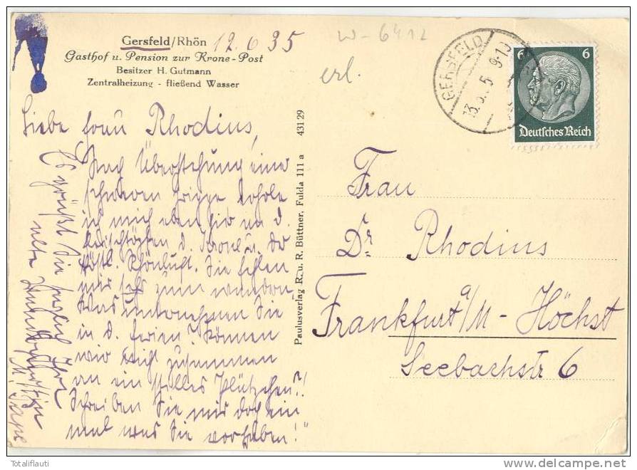 Gersfeld Rhön Gasthof Und Pension ZUr Krone Post Bes H Gutmann Zentralheizung Fließend Wasser 13.6.1935 - Fulda