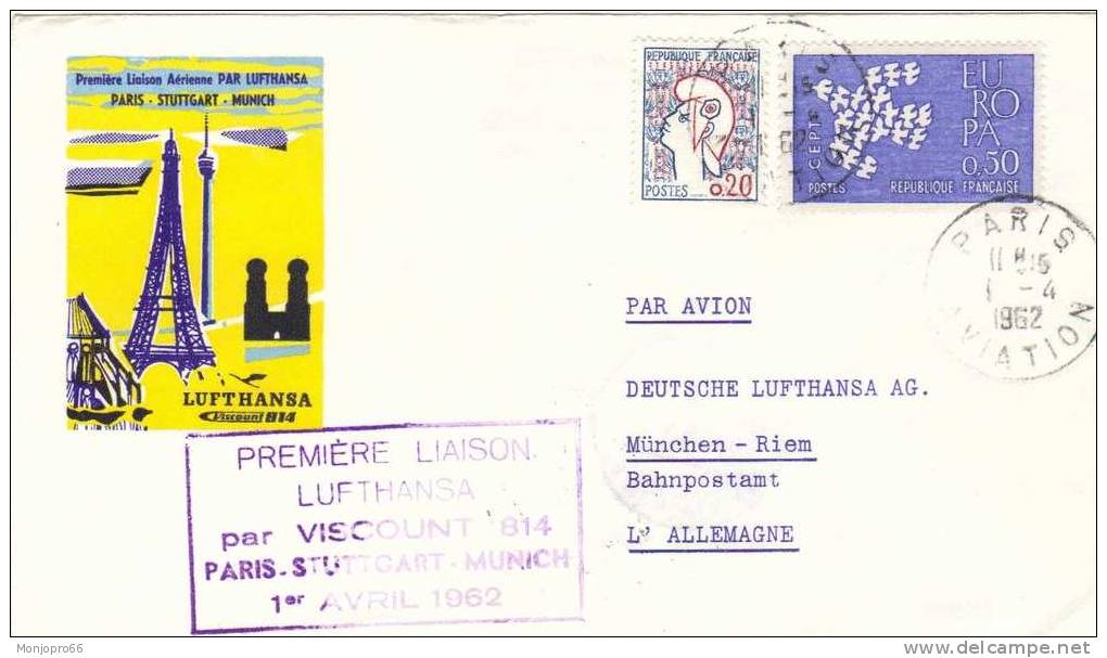 Enveloppe Avec Tampon De La Première Liaison LUFTHANSA En Viscount 814 - Postal Rates