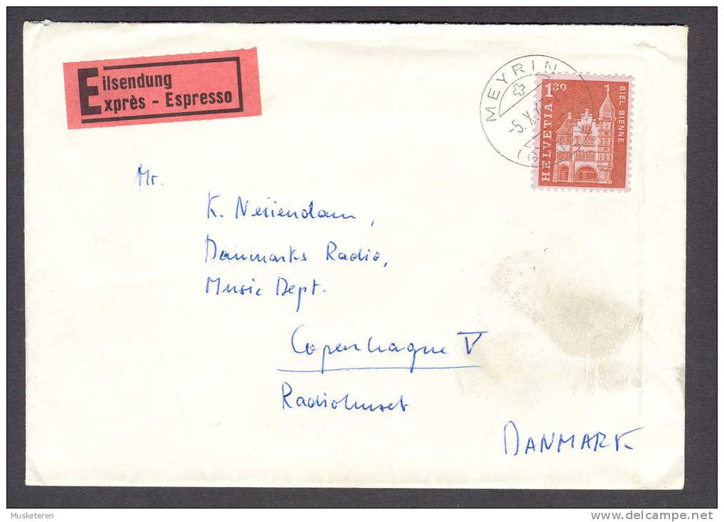 Switzerland Eilsendung Exprés Espresso 1967 Deluxe Cancel MEYRIN Cover To Danish Radio Copenhagen Denmark - Brieven En Documenten