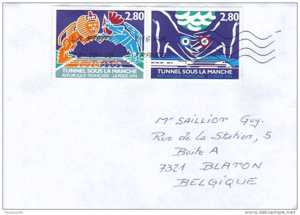 Enveloppe Avec 2 Timbres De 1994 Du Tunnel Sous La Manche Circulé En 2009 - Postal Rates