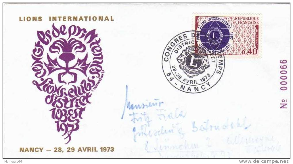 Enveloppe Du Congres Du Lions International De Nancy Et Du 28 Et 29 Avril 1973 - Postal Rates