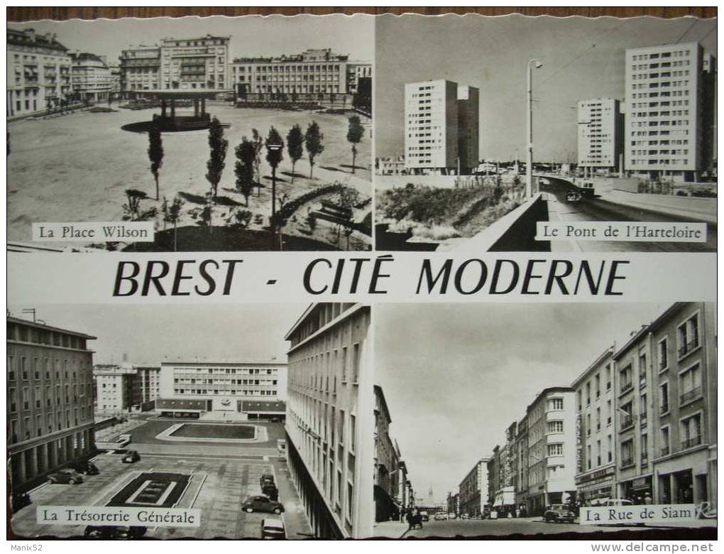 29  - BREST - Cité Moderne - La Place Wilson, La Trésorerie Générale, La Rue De Siam. Multivues. (CPSM) - Brest