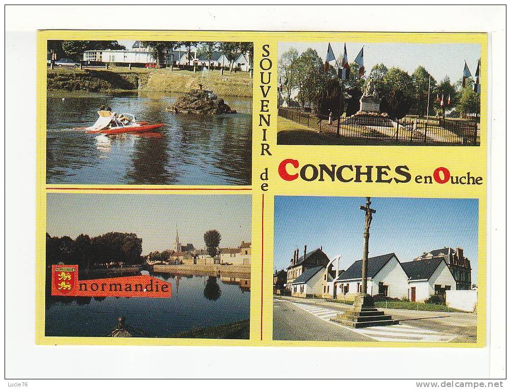 CONCHES  - 4 Vues : La Grand'Mare Et Jeux Nautiques, Le Monument Aux Morts, Les Ecoles & Le Calvaire - N° C 443 / 27 - Conches-en-Ouche