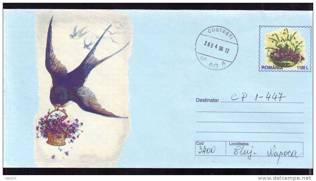 Swallow - Stationery Cover From Romania 1999 - Violets Snowdrops - Hirondelle Violette Perce-neige - Hirondelles