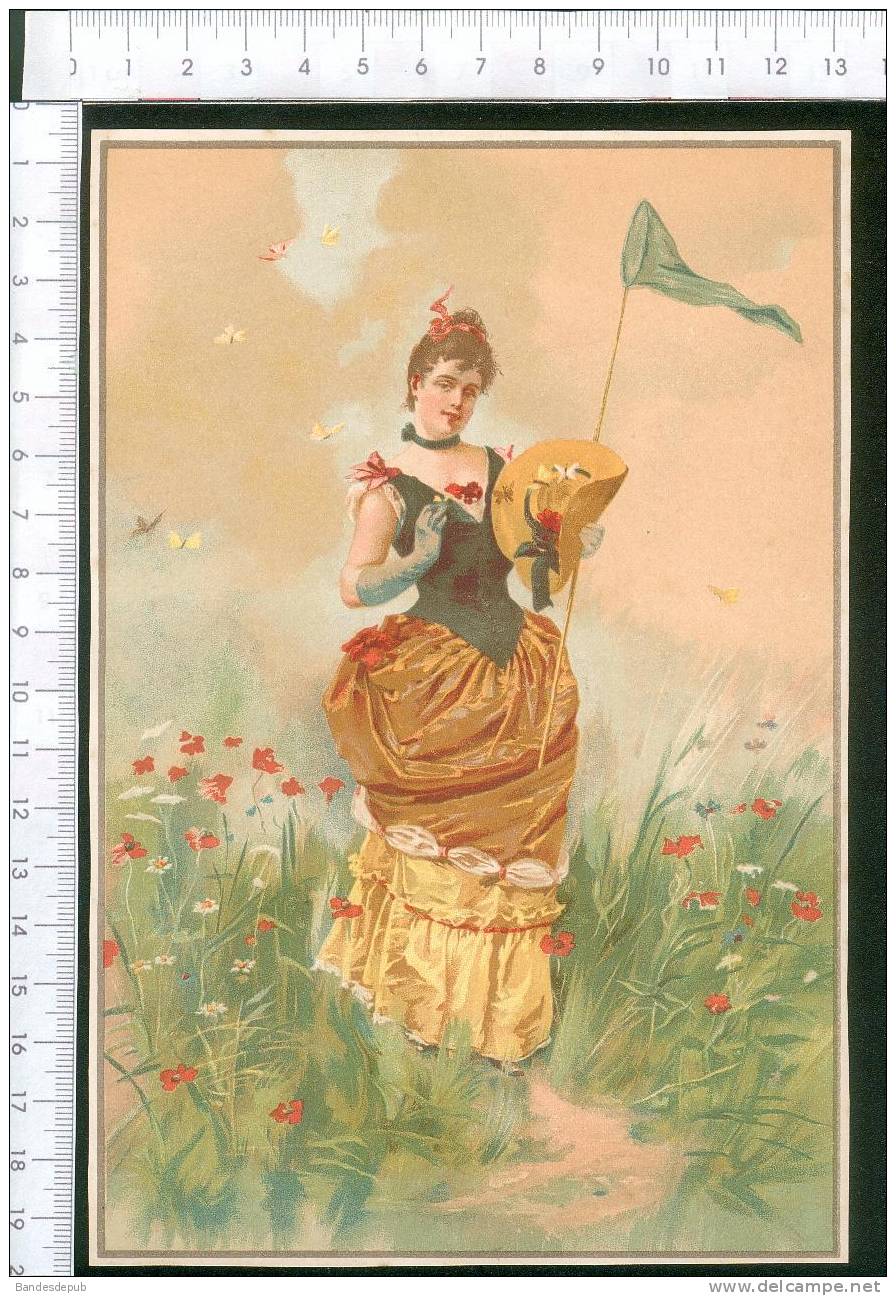 Très Belle Chromo Grand Format Jeune Fille Filet Chasse Papillon été - Autres & Non Classés