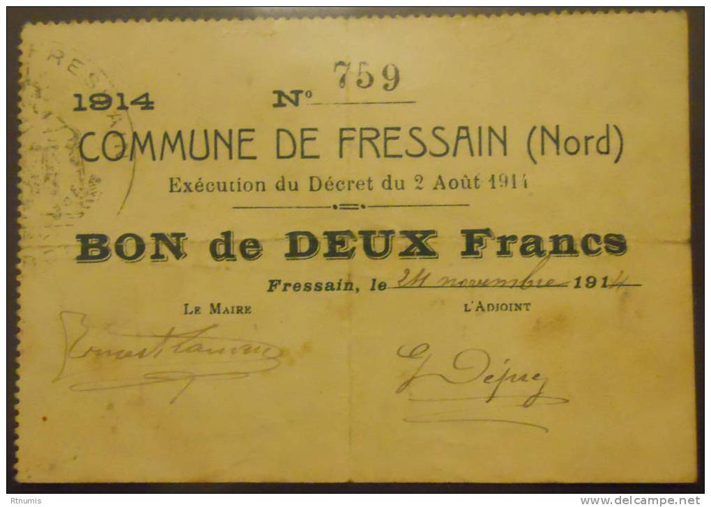 Fressain 59 2 Francs Pirot 59-1153 TTB R - Bons & Nécessité