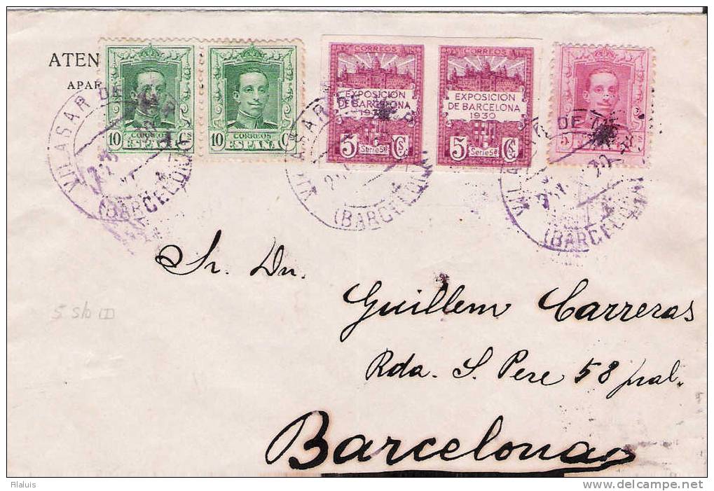 00784 Carta Con Pareja Ayuntamiento De Barcelona Edifil 5s Con 3 Sellos De Alfonso XIII - Cartas & Documentos