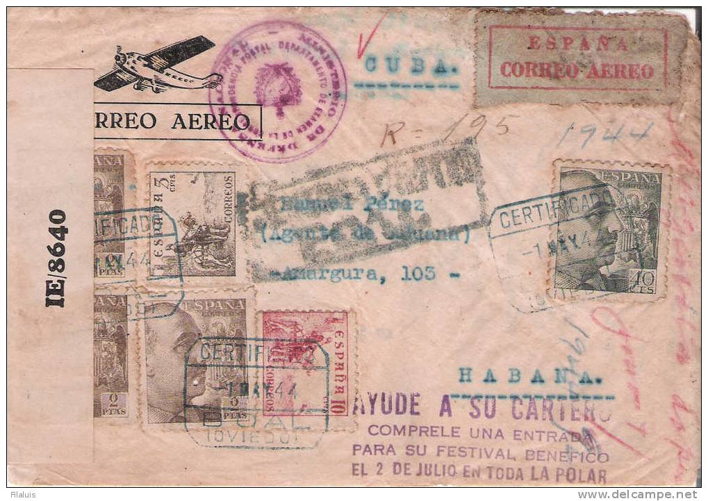 00789 Interesante Carta Ed. 916 / 917 / 925 /932 (3x) Censuradas En 3 Paises España / USA / Cuba - Covers & Documents