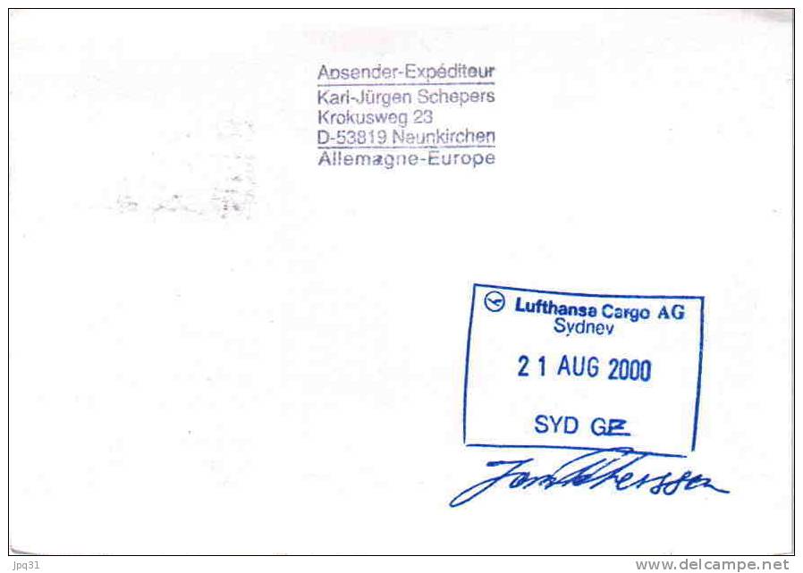 Carte Vol Spécial Lufthansa Francfort Sydney 20/08/2000 - Olympiade 2000 - Summer 2000: Sydney