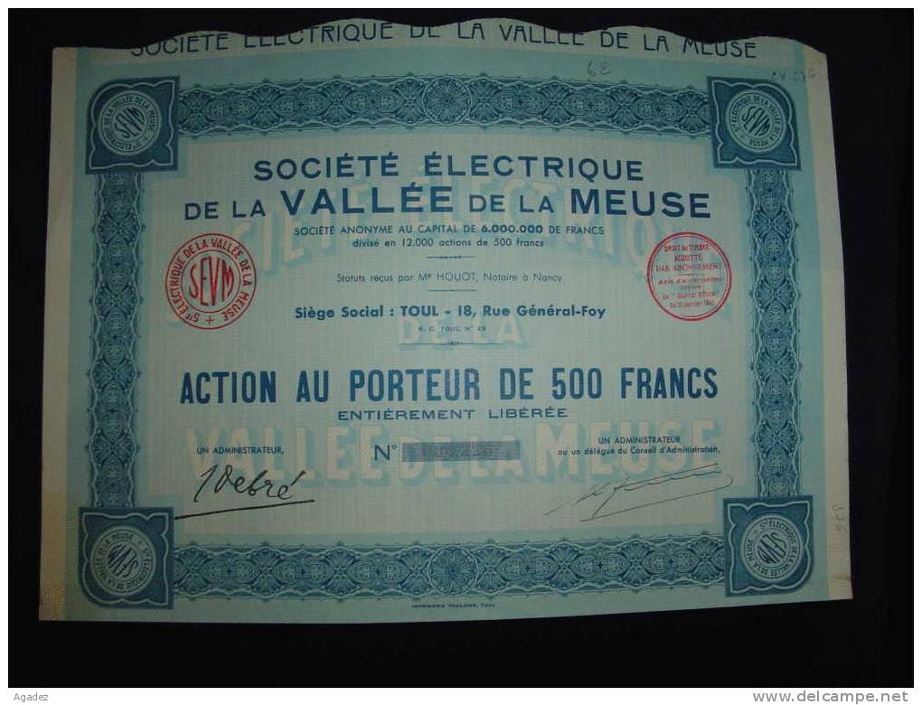Action"Société Electrique De La Vallée De La Meuse"Toul   Electricité Excellent état,reste Des Coupons. - Electricité & Gaz