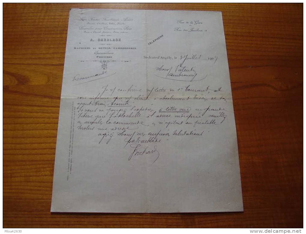 1907: Machines & Outils, Carrosserie, Quincaillerie, Peintures A.Darblade à St Jean D´Angély - Auto's