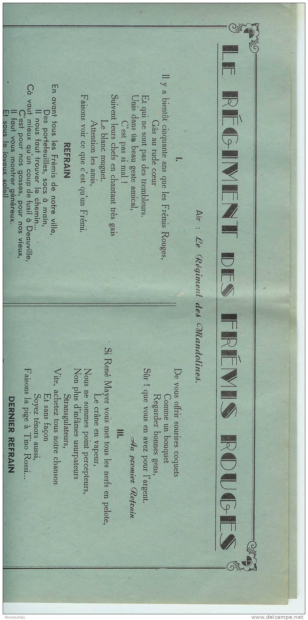 Chanson De 1948, Le Régiment Des Frémis Rouges, Par A. DELANGE, Air Régiment Des Mandolines - Partitions Musicales Anciennes