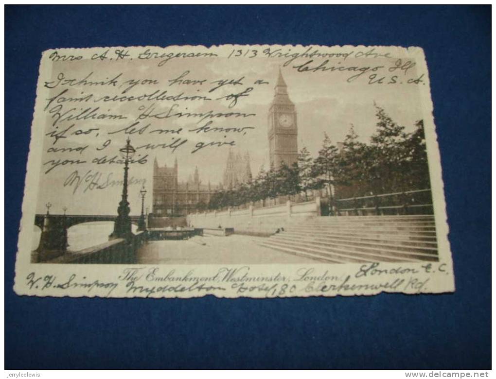 London - The Embankment Westminster  - 1914 - River Thames