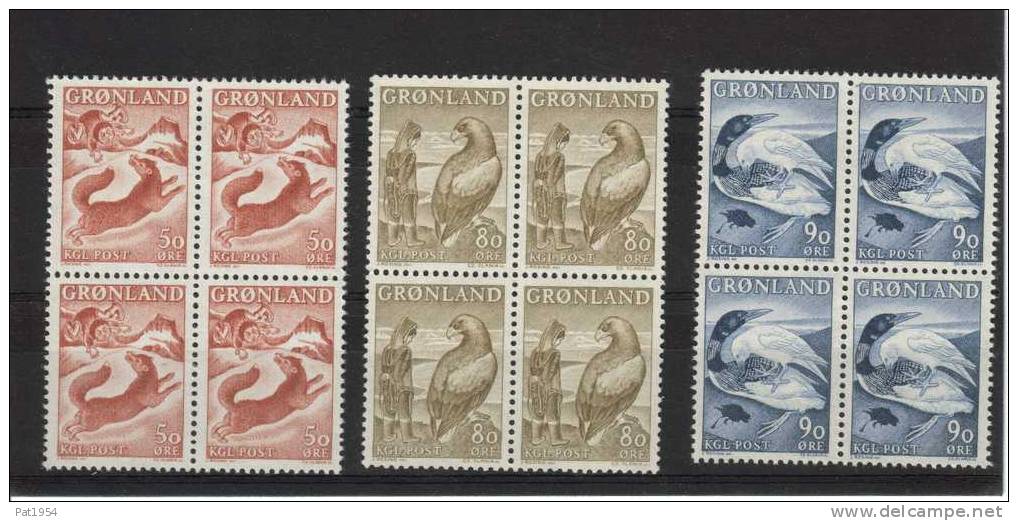 Groënland 1966 N°56/58 Neufs Avec Canard, Renard Et Aigle  En Blocs De 4 - Unused Stamps