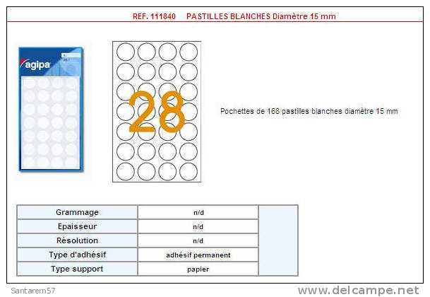 Pochette De 168 Pastilles Etiquettes Blanches Diamètre 15mm Round White Labels Etiquetas Redondas Brancas AGIPA - Other & Unclassified