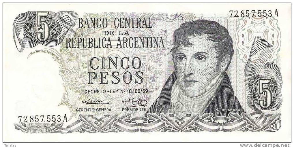 BILLETE DE ARGENTINA DE 5 PESOS DEL AÑO 1975 CALIDAD EBC (XF) (BANKNOTE) - Argentina