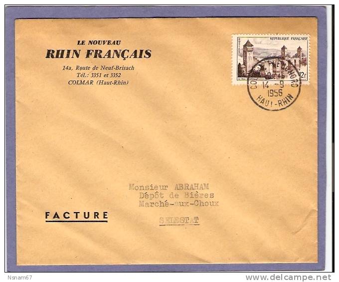 835 - COLMAR RUE DU NORD Haut Rhin - Tarif Facture 12,00 Francs - Septembre 1956 - - Tarifs Postaux