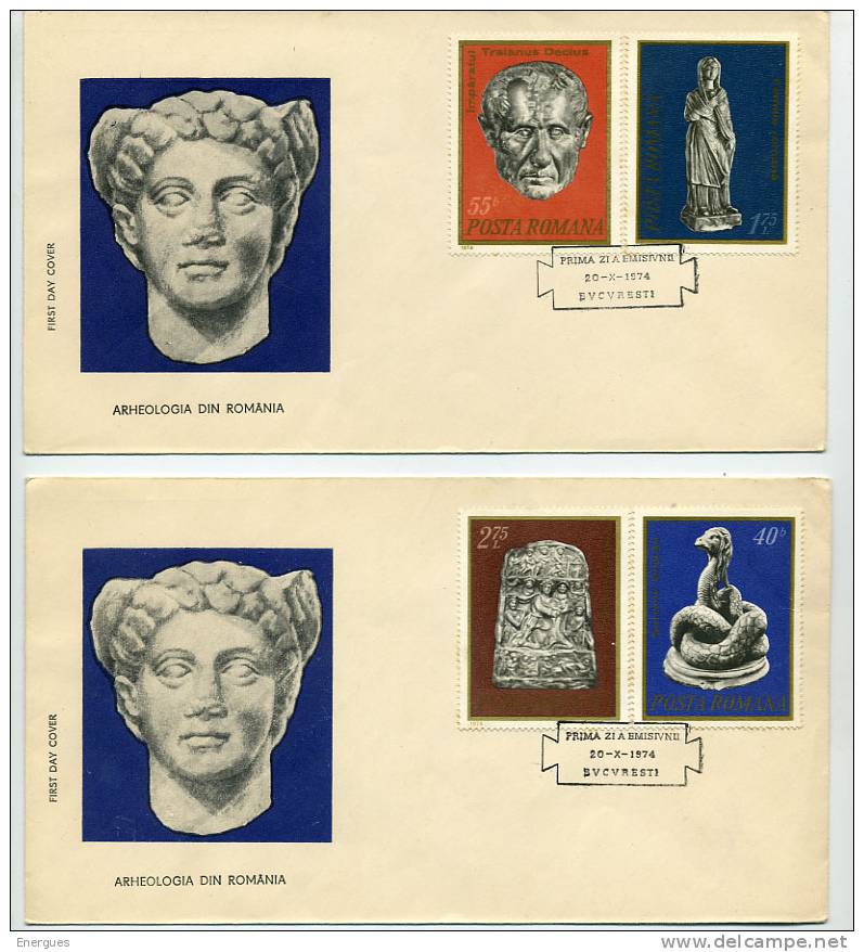 Archéologie, 2 Enveloppes, Roumanie, Sculpture Daco-romaine, Bas-relief,serpent,Trajan ,,femme - Archaeology