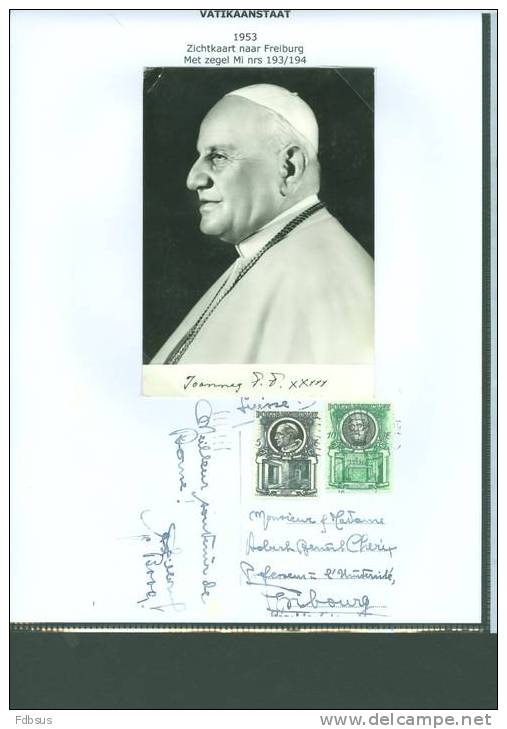 1953 GELOPEN KAART NAAR FRIBOURG MET MI NRS 193/194 - POPE PAPA JOANNES PP XXIII - Vatikanstadt