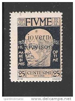 FIUME - 1921 - Valore Da 25 C. Nuovo S.T.L. (n. 119 D'Annunzio) Soprast. GOVERNO PROVVISORIO - In Buone Condizioni. - Fiume