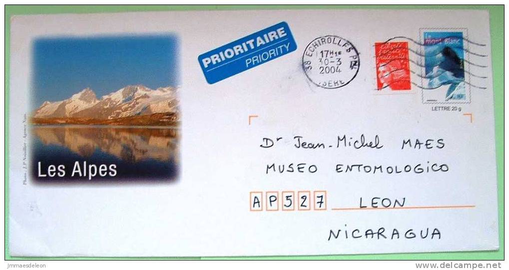 France 2004 Pre-paid Letter Mont Blanc Sent To Nicaragua - Mountain Snow Alps Lake Panorama Landscape - Storia Postale