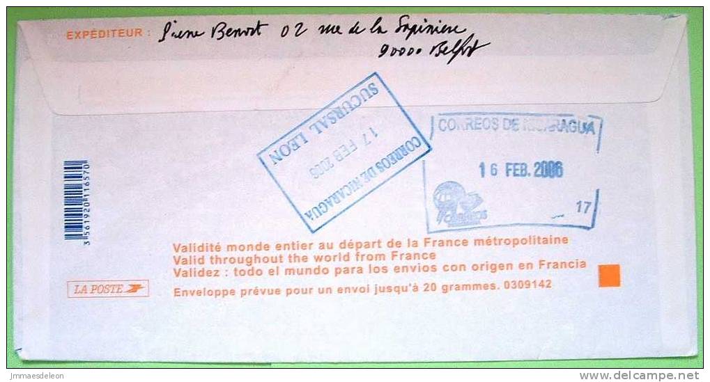 France 2006 Pre-paid Letter To Nicaragua - Belfort Lion Statue Cancel - Covers & Documents