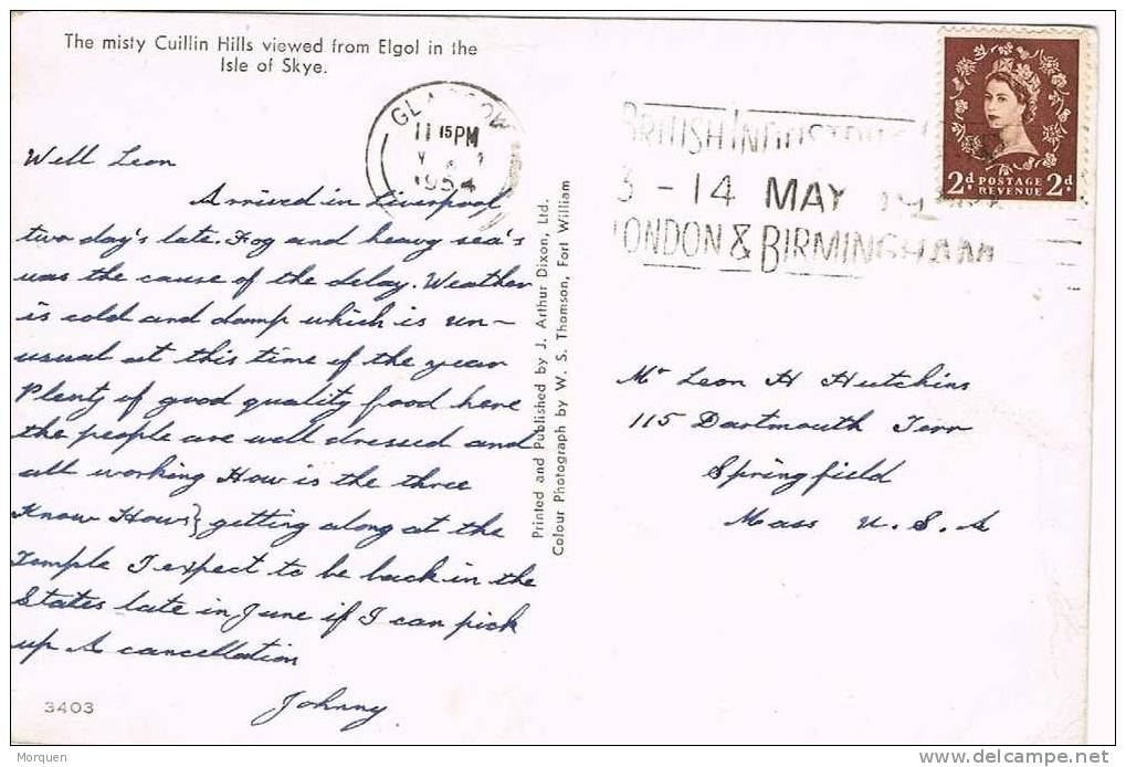 Postal GLASGOW (Gran Bretaña) 1954. Cuillin Hills. Isle Of SKYE - Covers & Documents