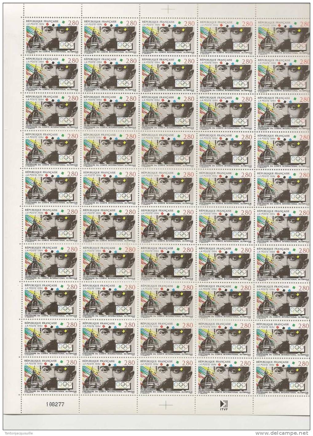 COMITE INTERNATIONNAL OLYPIQUE   ++  FEUILLE DE 50 TIMBRES A  2,80 - Feuilles Complètes