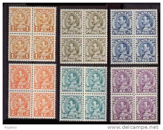 Denmark - 1933-41 - Chr. X Complete Set (6 Values) In Blocks Of 4 - Neufs