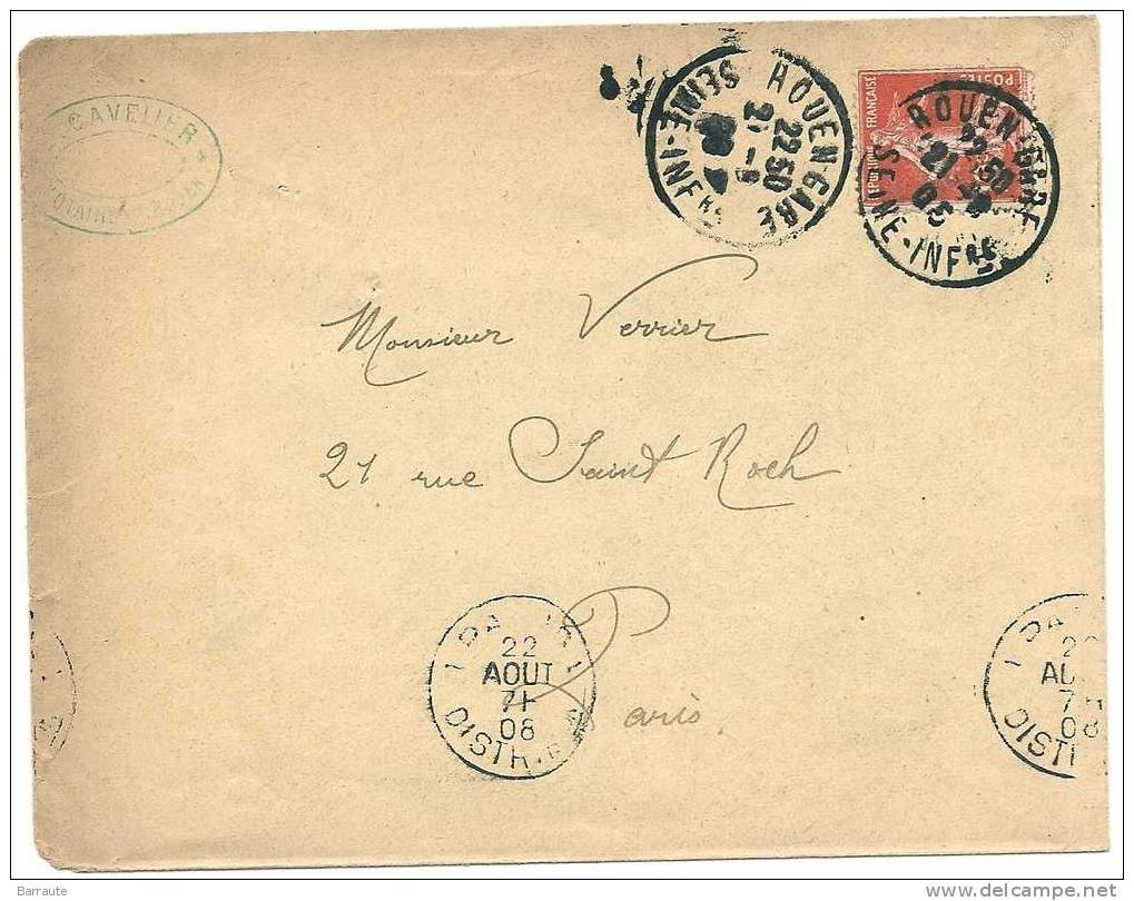 Envellope Cachet Manuel Du 22/08/1908 " ROUEN Gare" + PARIS Distribution 08.+ Timbre N°138 - Manual Postmarks