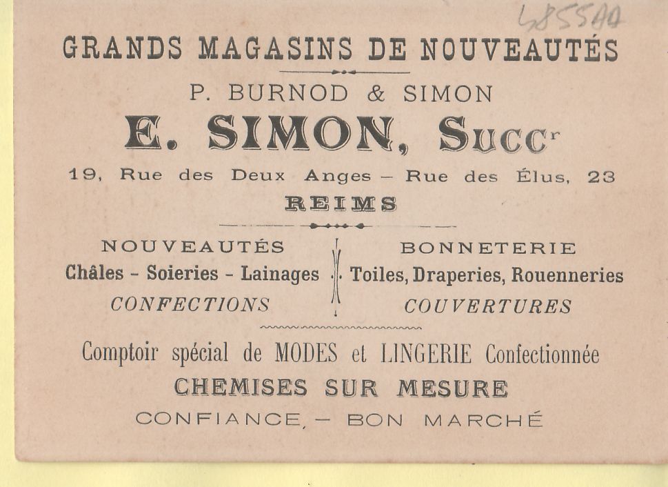 32 Carte Géographique Département GERS Chromos 1910s Revers Publicitaire Grds Magasins BURNOD SIMON MODES LINGERIE REIMS - Autres & Non Classés