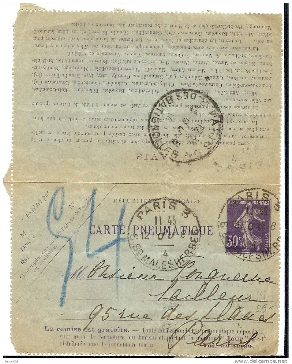 REF LPU8 - FRANCE - CARTE LETTRE PNEUMATIQUE SEMEUSE CAMEE 30c VOYAGEE - Pneumatici