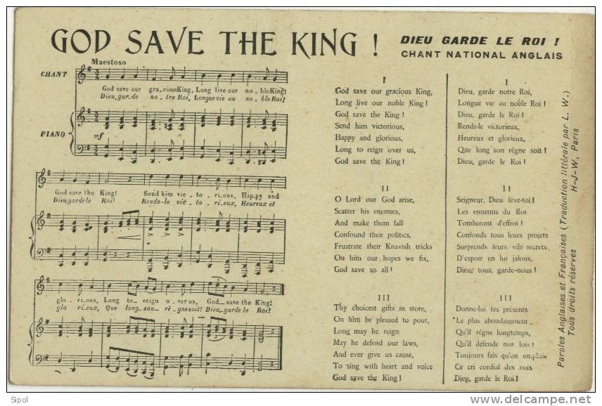 God Save The King - Dieu Garde Le Roi Hymne National Anglais  Paroles Et Musique Non Circulé BE - Música