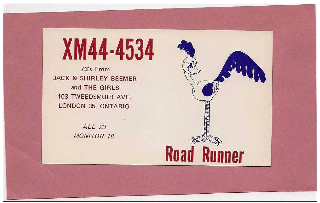 Road Runner, LONDON, ONTARIO, ON, CANADA, CB-QSL CARD Carte Citizen Band, Amateur Radio Postcard - CB