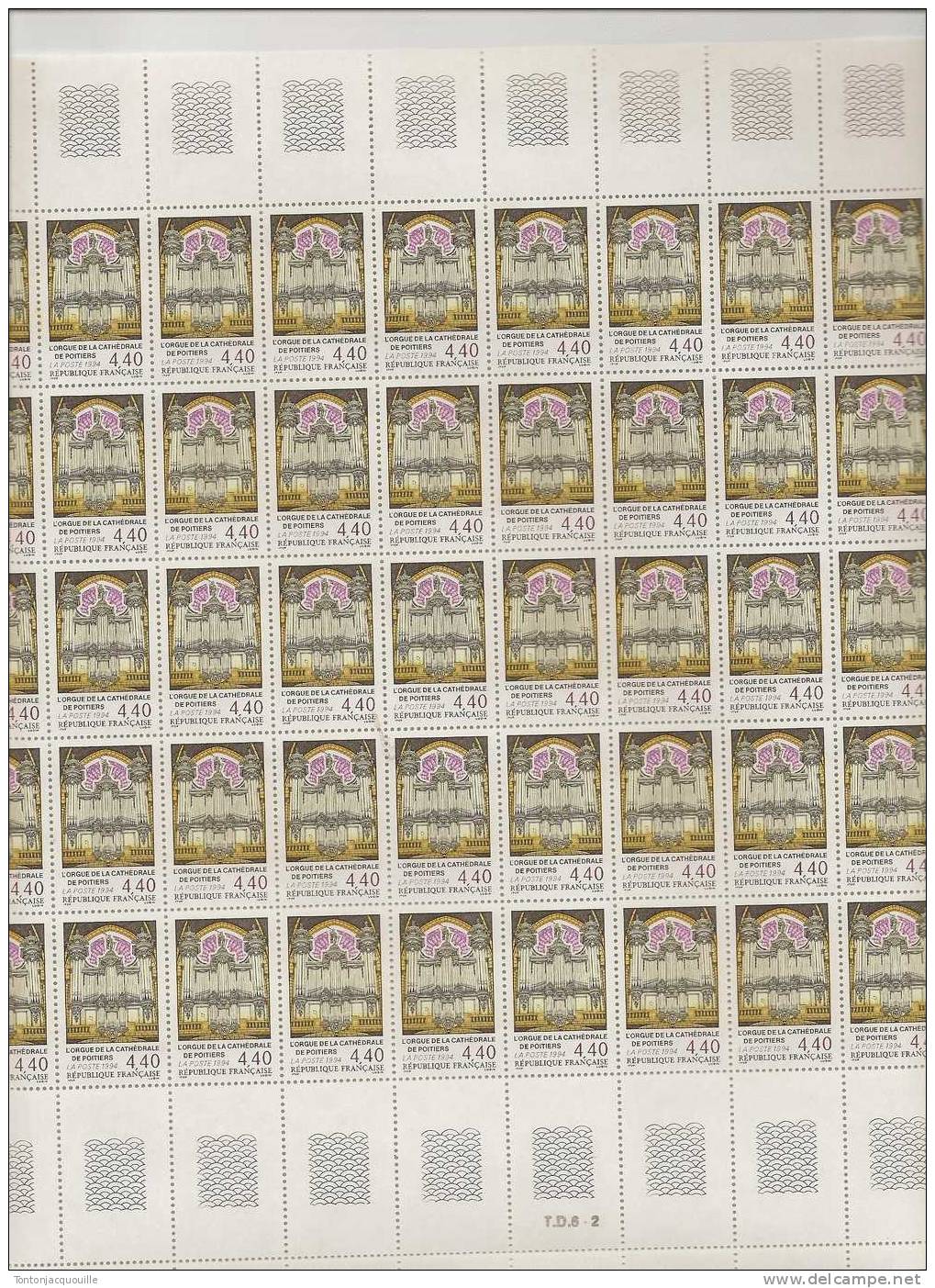 L'ORGUE DE LA CATHEDRALE DE POITIERS ++  FEUILLE DE 50  TIMBRES A  4,40 - Feuilles Complètes