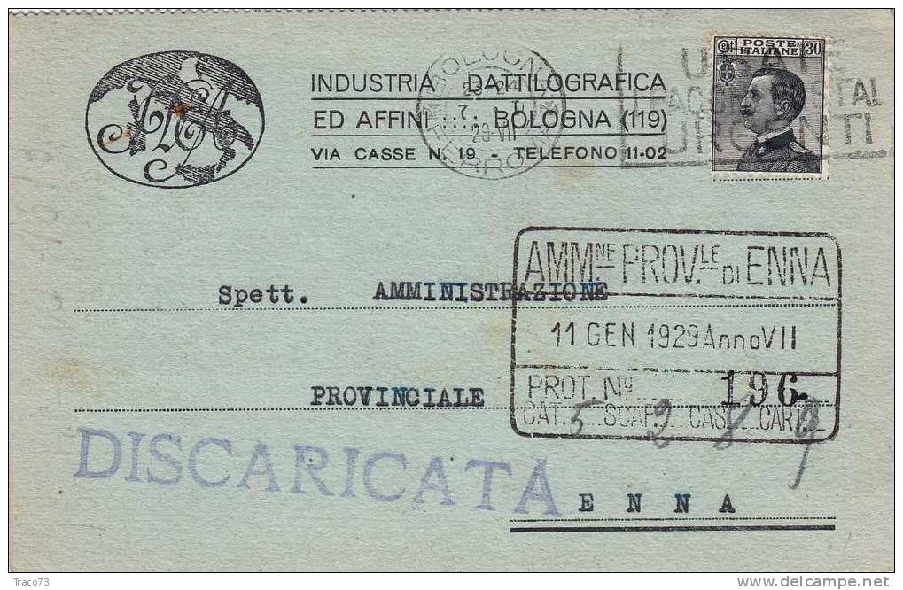 BOLOGNA  07.01.1929  - Card Cartolina - " Industria Dattilografica "  Firma  RR - Pubblicitari