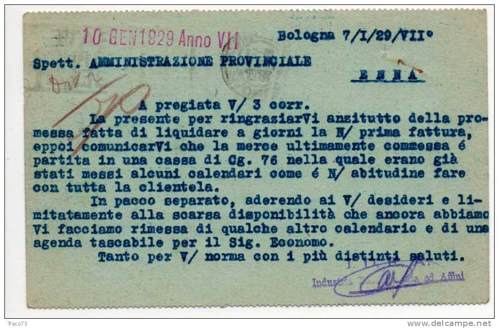 BOLOGNA  07.01.1929  - Card Cartolina - " Industria Dattilografica "  Firma  RR - Reclame