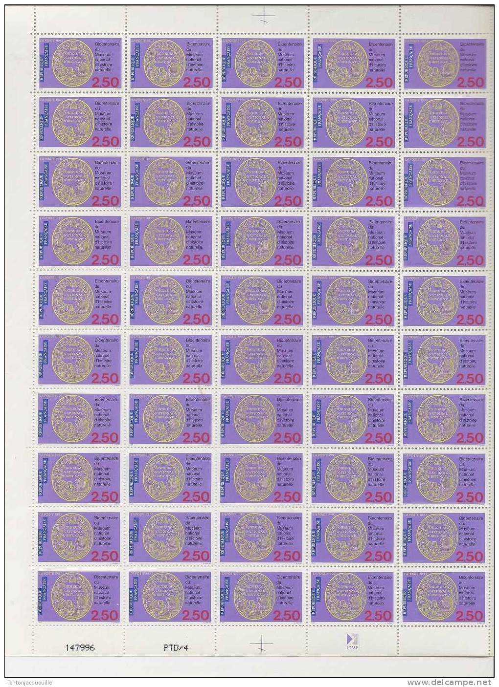 MUSEUM NATIONAL D'HISTOIRE NATURELLE  ++  FEUILLE DE 50  TIMBRES A  2,50 - Feuilles Complètes