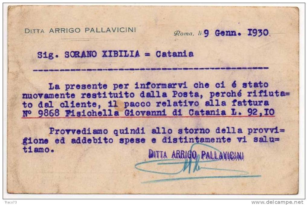 ROMA   09.01.1930  - Card Cartolina - " Ditta Arrigo Pallavicini "  Firma  RR - Pubblicitari