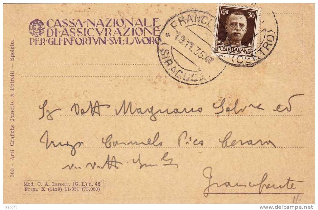 Siracusa  18.11.1939 - Card Cartolina - " Cassa Nazionale Di Ass. Per Gli Infor, Sul Lavoro" - Reklame