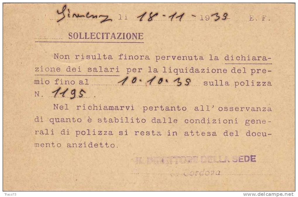 Siracusa  18.11.1939 - Card Cartolina - " Cassa Nazionale Di Ass. Per Gli Infor, Sul Lavoro" - Publicité