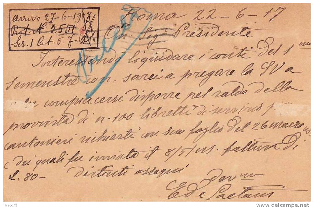 ROMA   22.06.1917  - Card Cartolina - " Stab. Tipo-Litografico Genio Civile "   Firma - Pubblicitari