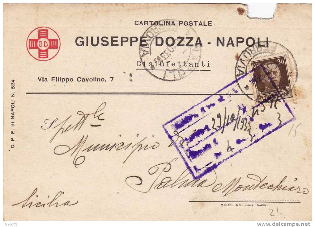 NAPOLI  26.10.1933 - Card Cartolina - " DISINFETTANTI Giuseppe Dozza "   Firma - Pubblicitari