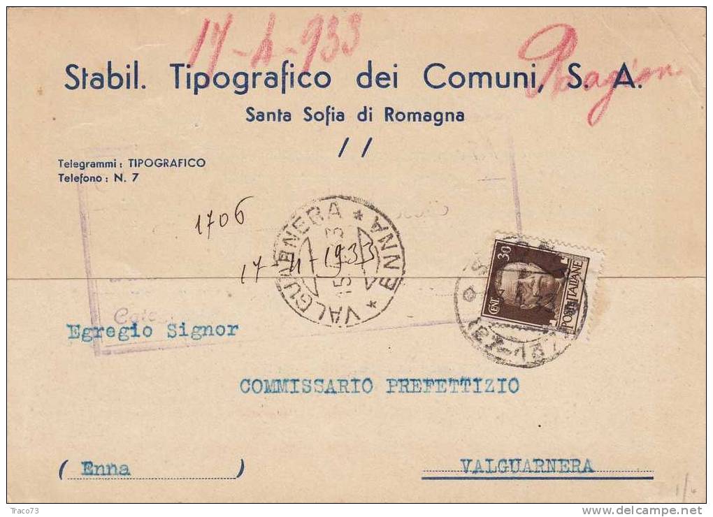 Santa Sofia Di Romagna  13.04.1933 - Card Cartolina - " Stab. Tipograf. Dei Comuni Di S.A. "   Firma - Publicité