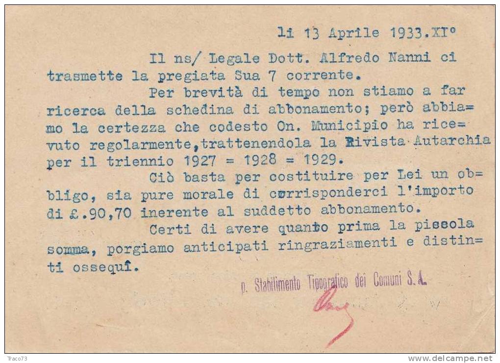 Santa Sofia Di Romagna  13.04.1933 - Card Cartolina - " Stab. Tipograf. Dei Comuni Di S.A. "   Firma - Reclame