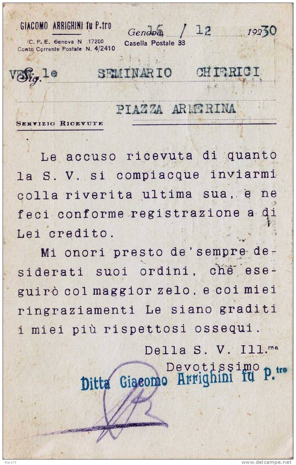 GENOVA  15.27.1930 - Card Cartolina - " Com.rio In Salumi Giacomo Arrighini "  Firma - Publicidad