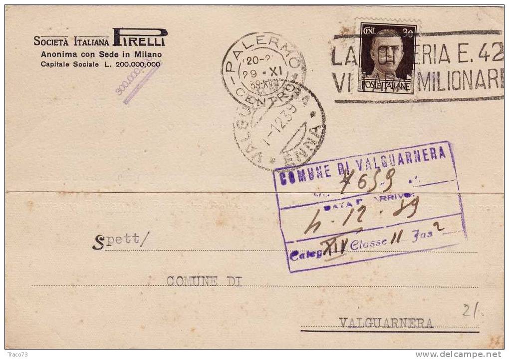 PALERMO  29.11.1939 - Card Cartolina -   " Filiare Della Società Italiana PIRELLI "  Firma Del Direttore - Publicity