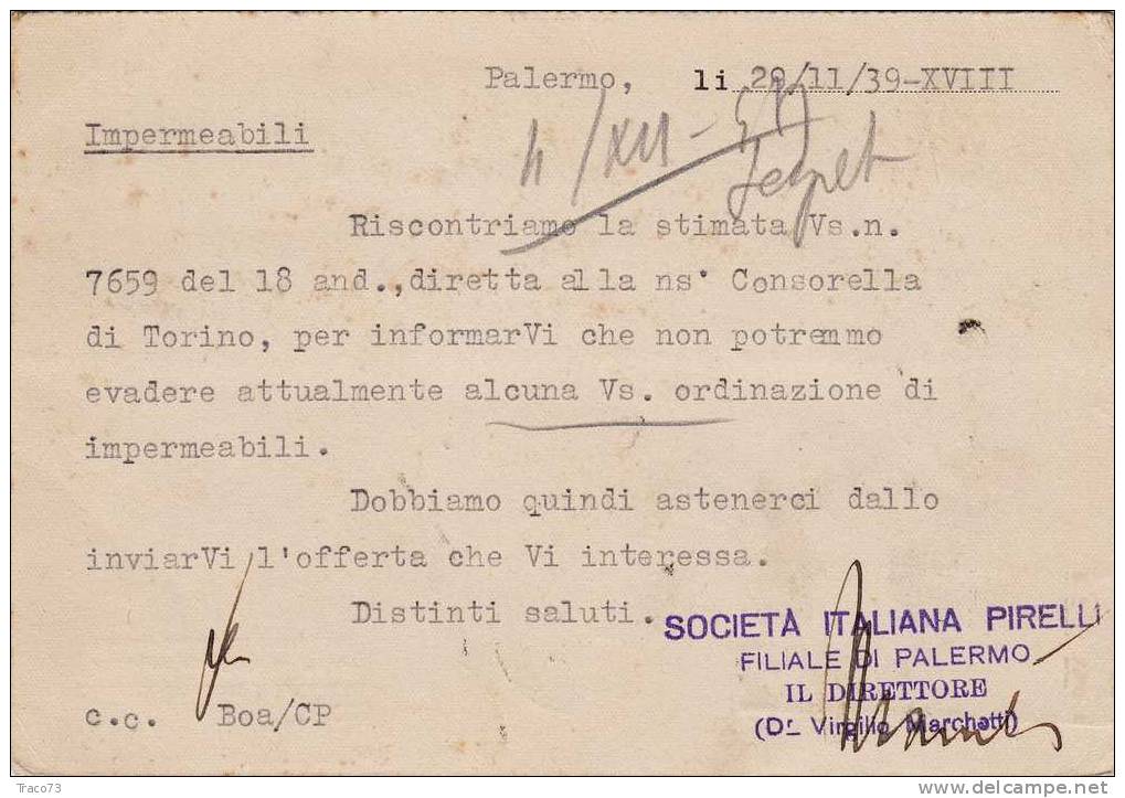PALERMO  29.11.1939 - Card Cartolina -   " Filiare Della Società Italiana PIRELLI "  Firma Del Direttore - Publicity