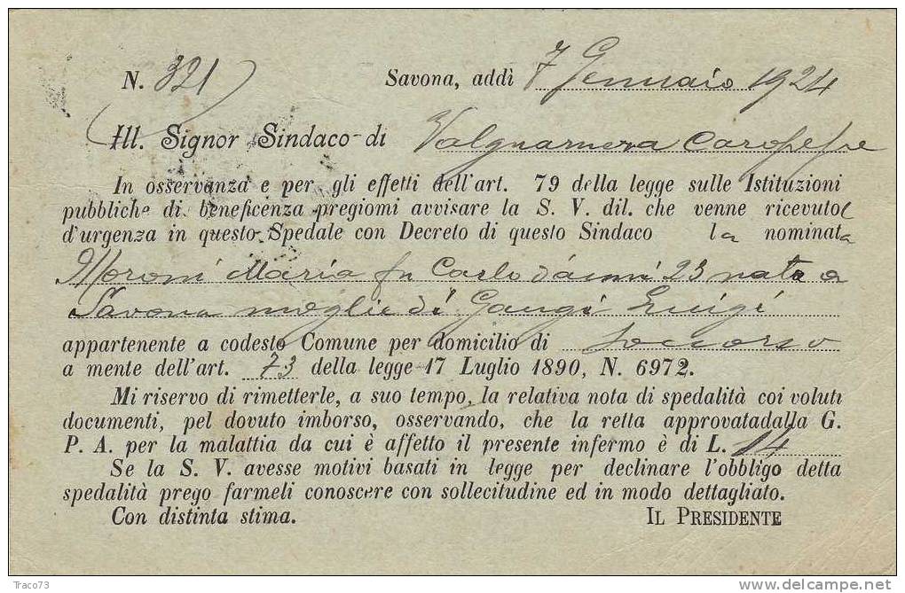 SAVONA  07.01.1924 - Card Cartolina -   " Ospedale Civico  Di S. Paolo " - Reklame